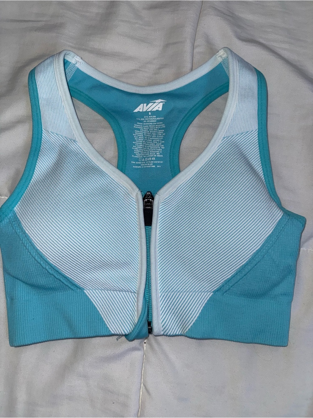 Avia Teal & White Front-Zip Racerback Sports Bra